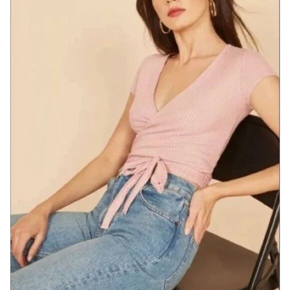 Reformation Womens Large Petola Blush Flora Pink Ribbed Knit Crop Top - Picture 1 of 9